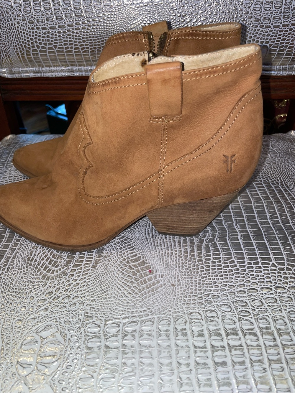 Frye Chestnut Suede Western Ankle Booties